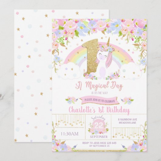Unicorn 1st Birthday Invitation Floral Rainbow Kaart (Voorkant / Achterkant)