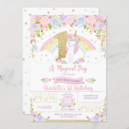 Unicorn 1st Birthday Invitation Floral Rainbow Kaart