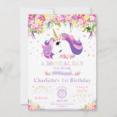 Unicorn 1st Birthday Invitation Floral Rainbow Kaart (Voorkant)
