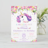 Unicorn 1st Birthday Invitation Floral Rainbow Kaart (Staand voorkant)