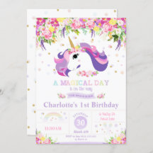 Unicorn 1st Birthday Invitation Floral Rainbow