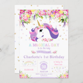 Unicorn 1st Birthday Invitation Floral Rainbow Kaart