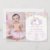 Unicorn 1st Birthday Invitation Floral Rainbow Kaart (Voorkant)
