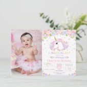 Unicorn 1st Birthday Invitation Floral Rainbow Kaart (Staand voorkant)