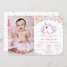 Unicorn 1st Birthday Invitation Floral Rainbow Kaart