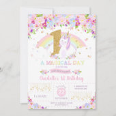 Unicorn 1st Birthday Invitation Floral Rainbow Kaart (Voorkant)