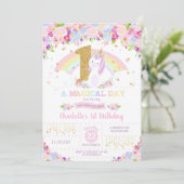 Unicorn 1st Birthday Invitation Floral Rainbow Kaart (Staand voorkant)