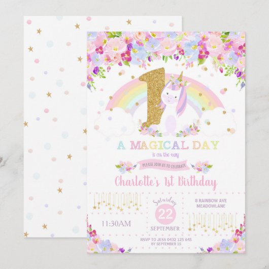 Unicorn 1st Birthday Invitation Floral Rainbow Kaart (Voorkant / Achterkant)
