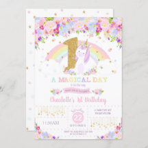 Unicorn 1st Birthday Invitation Floral Rainbow