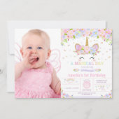 Unicorn 1st Birthday Invitation Floral Rainbow Kaart (Voorkant)