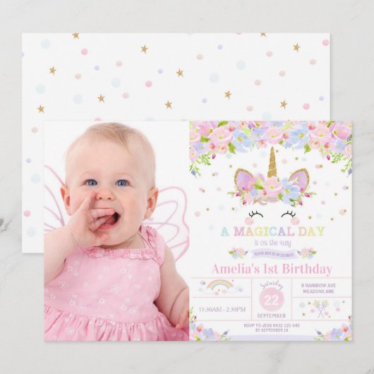 Unicorn 1st Birthday Invitation Floral Rainbow Kaart (Voorkant / Achterkant)