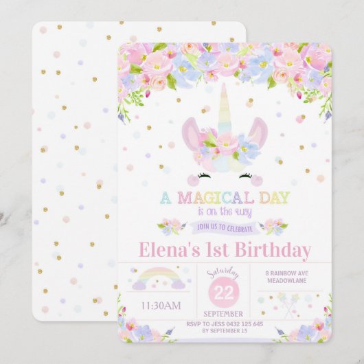Unicorn 1st Birthday Invitation Rainbow Floral Kaart (Voorkant / Achterkant)
