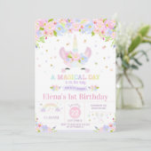 Unicorn 1st Birthday Invitation Rainbow Floral Kaart (Staand voorkant)