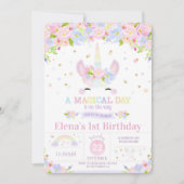 Unicorn 1st Birthday Invitation Rainbow Floral Kaart (Voorkant)