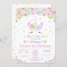 Unicorn 1st Birthday Invitation Rainbow Floral Kaart