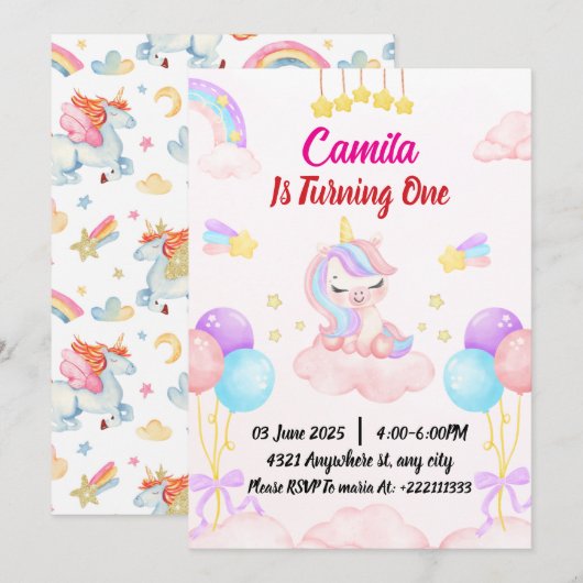 Unicorn 1st Birthday Kaart (Voorkant / Achterkant)