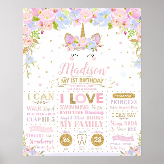 Unicorn 1st Birthday Milestone Poster geboorte Sta (Voorkant)