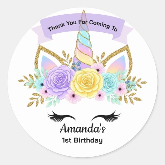Unicorn 1st Birthday Party Favor Sticker (Voorkant)