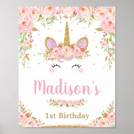 Unicorn 1st Birthday Party Pink Floral Welcome Poster (Voorkant)