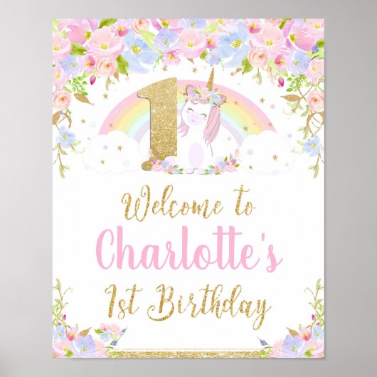 Unicorn 1st Birthday Rainbow Welcome Poster Sign (Voorkant)