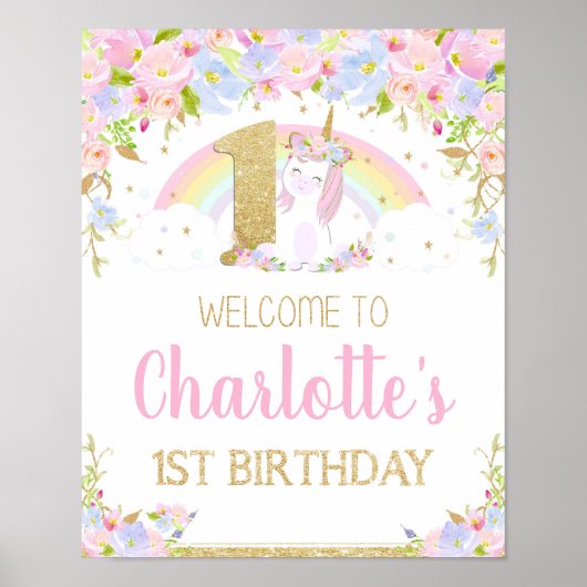 Unicorn 1st Birthday Rainbow Welcome Poster Sign (Voorkant)