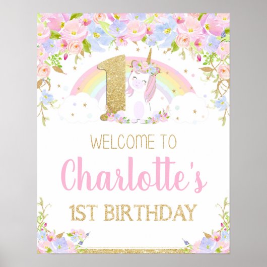 Unicorn 1st Birthday Rainbow Welcome Poster Sign (Voorkant)