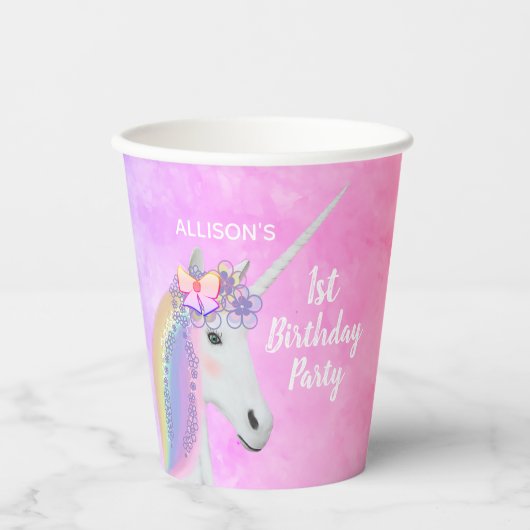 Unicorn 1st Birthday Roze Paarse Waterverf Papieren Bekers (Voorkant)