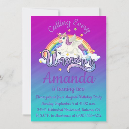 Unicorn 2e verjaardag Magische Whimiscal Invitatio Kaart (Voorkant)