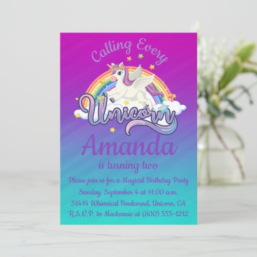 Unicorn 2e verjaardag Magische Whimiscal Invitatio Kaart (Staand voorkant)