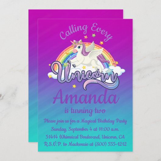 Unicorn 2e verjaardag Magische Whimiscal Invitatio Kaart (Voorkant / Achterkant)