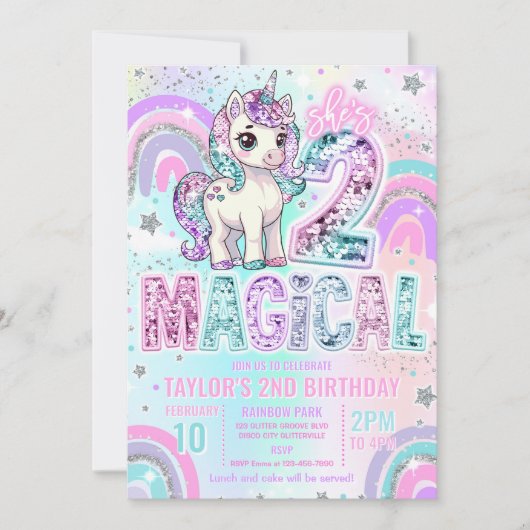 Unicorn 2nd Birthday Two Magical Rainbow Glitter Kaart (Voorkant)