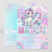 Unicorn 2nd Birthday Two Magical Rainbow Glitter Kaart (Voorkant / Achterkant)