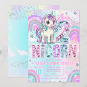 Unicorn 2nd Birthday Two-nicorn Rainbow Glitter Kaart (Voorkant / Achterkant)