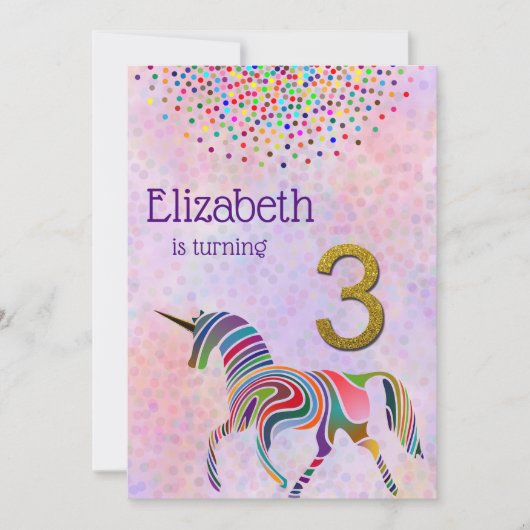Unicorn 3de verjaardag uitnodiging glitter confett (Voorkant)