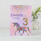 Unicorn 3de verjaardag uitnodiging glitter confett (Staand voorkant)