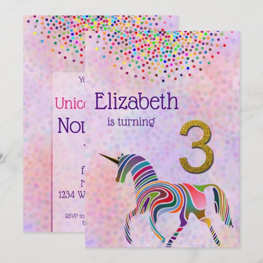 Unicorn 3de verjaardag uitnodiging glitter confett (Voorkant / Achterkant)