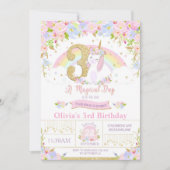 Unicorn 3rd Birthday Invitation Floral Rainbow Kaart (Voorkant)