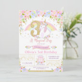Unicorn 3rd Birthday Invitation Floral Rainbow Kaart (Staand voorkant)