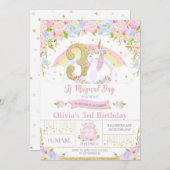 Unicorn 3rd Birthday Invitation Floral Rainbow Kaart (Voorkant / Achterkant)