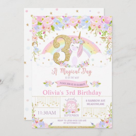 Unicorn 3rd Birthday Invitation Floral Rainbow Kaart (Voorkant / Achterkant)