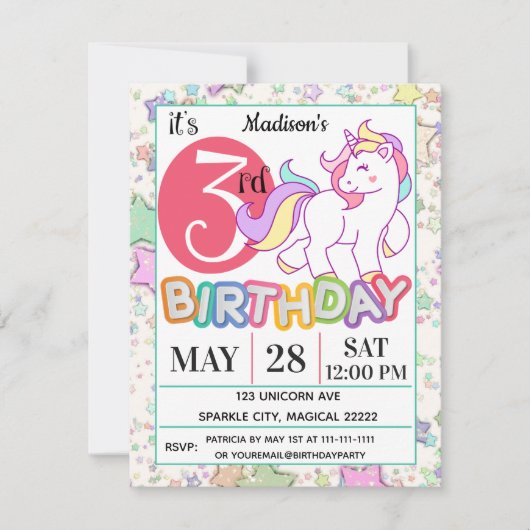 Unicorn 3rd Birthday Party Invitation Kaart (Voorkant)
