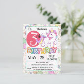 Unicorn 3rd Birthday Party Invitation Kaart (Staand voorkant)