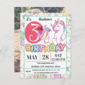 Unicorn 3rd Birthday Party Invitation Kaart (Voorkant / Achterkant)
