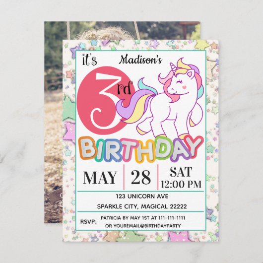 Unicorn 3rd Birthday Party Invitation Kaart (Voorkant / Achterkant)