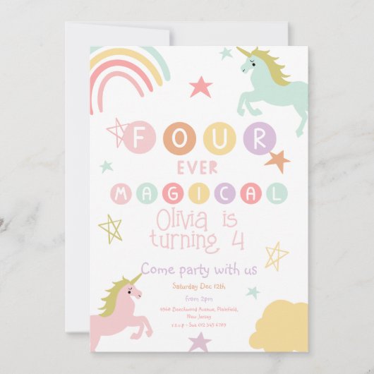 Unicorn 4e verjaardag Uitnodiging (Voorkant)