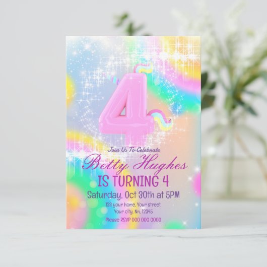 Unicorn 4e verjaardag Uitnodiging (Staand voorkant)