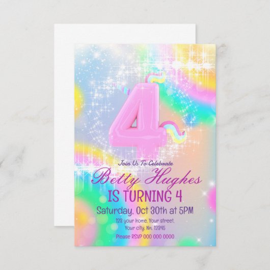 Unicorn 4e verjaardag Uitnodiging (Voorkant / Achterkant)