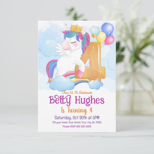 Unicorn 4e verjaardag Uitnodiging (Staand voorkant)