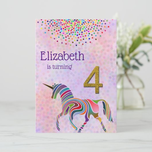 Unicorn 4e verjaardag uitnodiging glitter confetti (Staand voorkant)