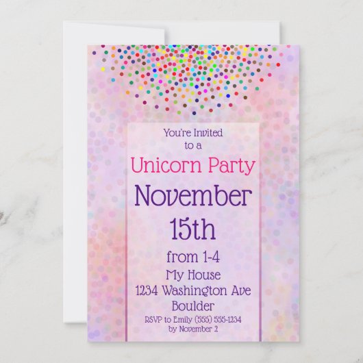 Unicorn 4e verjaardag uitnodiging glitter confetti (Achterkant)